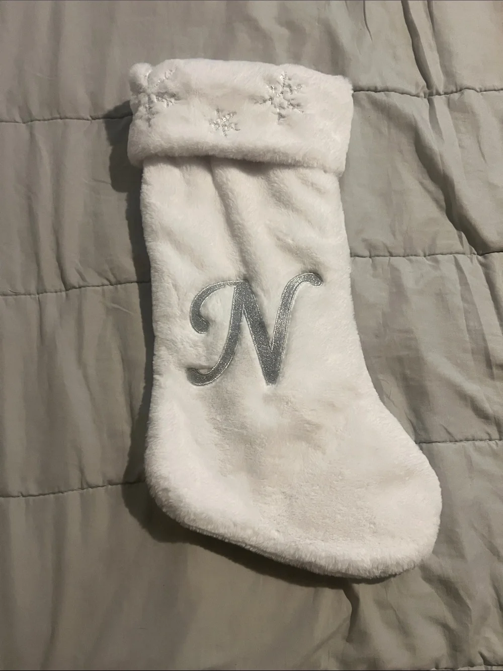 White Plush Holiday Stocking with Silver 'N' Monogram